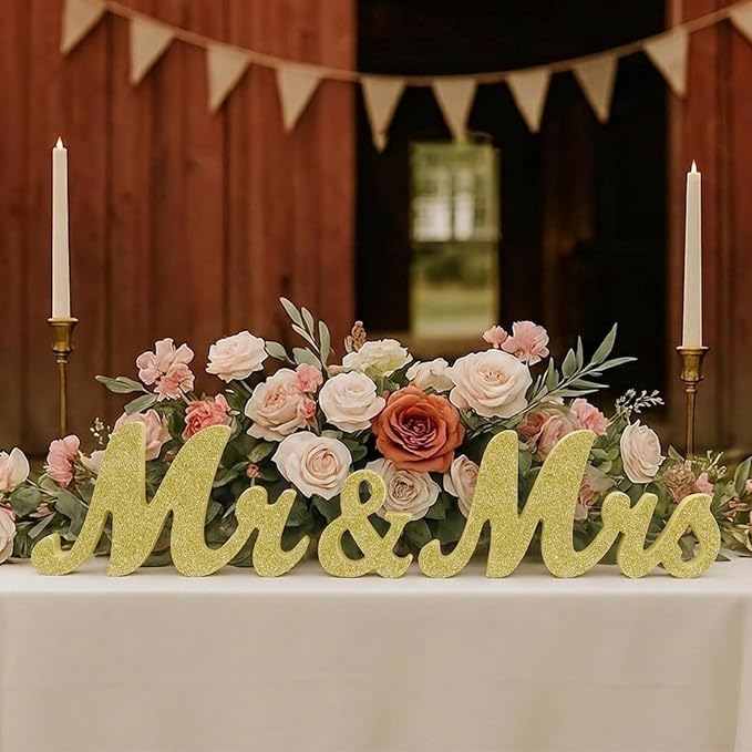Mr & Mrs Sign for Wedding Table, Wedding Decorations for Reception, Large Wooden Letters Centerpieces Decor for Sweetheart Table, Ceremony, Anniversary, Party and Valentine's Day(Golden)