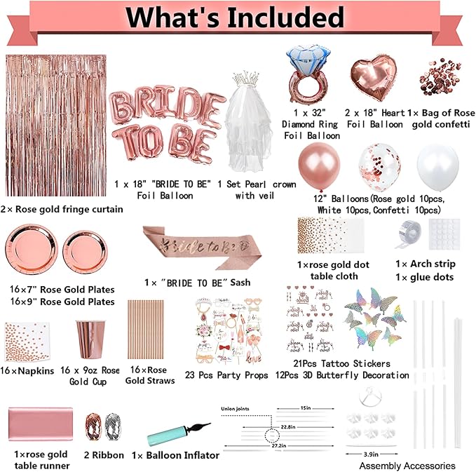224 Pcs Rose Gold Bachelorette Party Decorations for Bride, Bridal Shower Party Supplies Set with "Bride To Be" Banner, Veil, Tiara, Sash, Balloons, Tableware and Photo Props