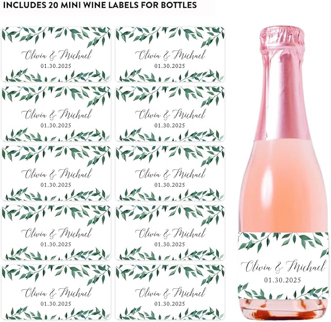 Andaz Press Personalized Wedding Mini Wine Labels - Greenery Green Leaves 20-Pack Bulk Waterproof Mini Wine Bottle Labels for Champagne Bottles