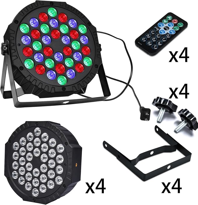 Manalete 36 LED Stage Lights, Par Light with Remote & DMX Controlled Sound Activated Uplights for Events Wedding Birthday Christmas Music Show Dance Party DJ Lighting, 4 Pack, Black
