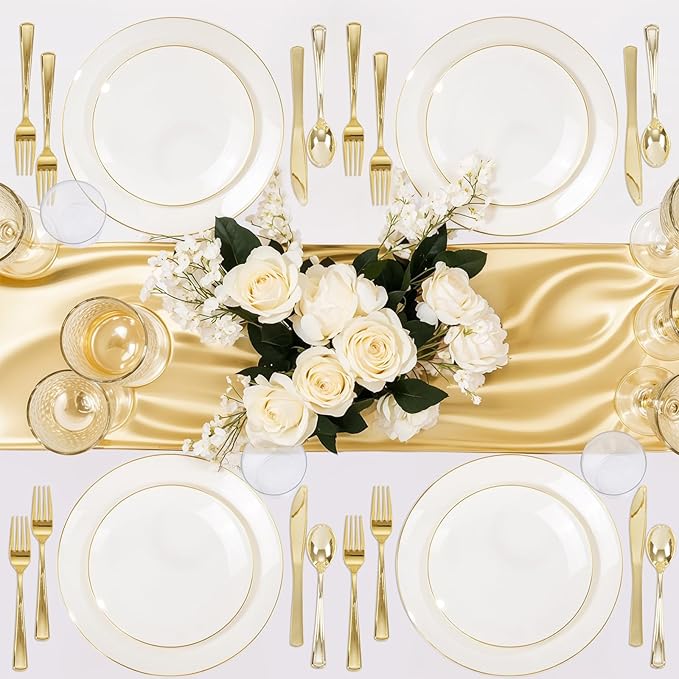 Nervure 100Pcs Ivory and Gold Plastic Plates - 10.25inch Disposable Ivory Dinner Plates - Heavy Duty Plastic Plate Ideal for Wedding & Party & Mothers Day