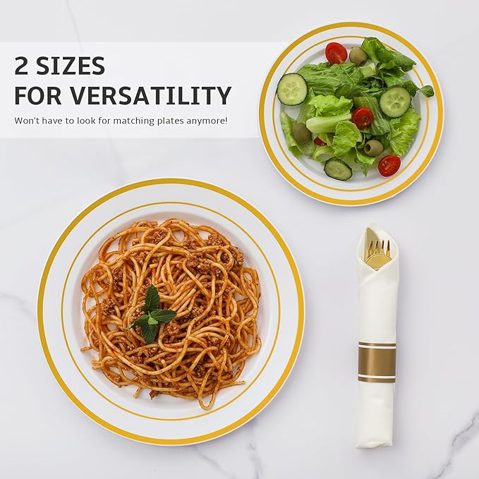 AOZITA 200PCS Gold Plastic Plates Set, Heavy Duty Disposable Plates for Party & Wedding, Includes 100 Dinner Plates and 100 Dessert Salad Plates, Elegant White with Gold Rim Dinnerware