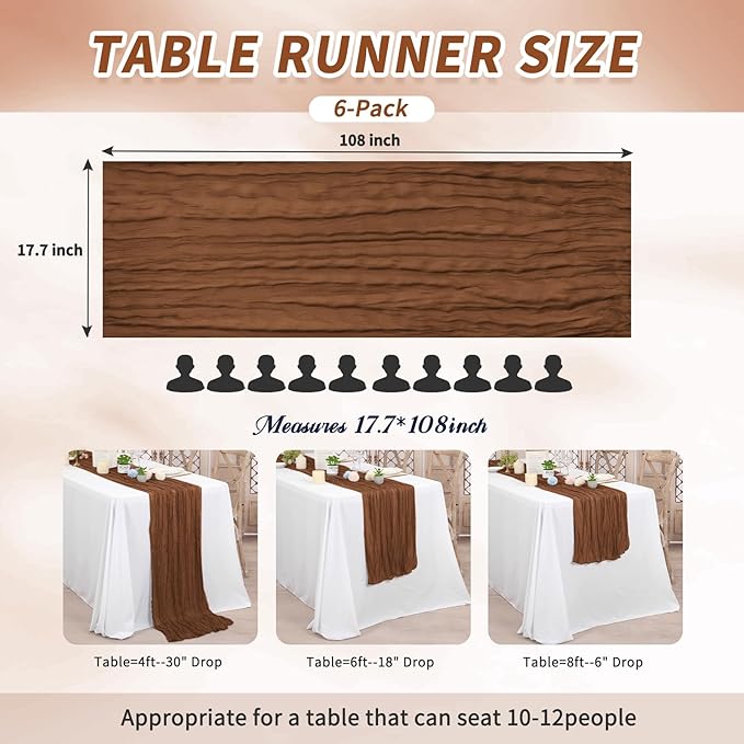 6 Pack Cheesecloth Table Runner,Brown Table Runner Long Romantic Semi Sheer Rustic Boho Gauze Table Runners for Wedding Bridal Shower Birthday Party Decorations(17.7×108 Inch)