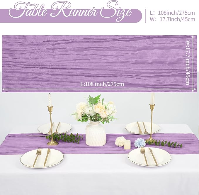 10 Pack Cheesecloth Table Runner 17 x 108 inch Long Boho Gauze Table Runners Semi Sheer Table Runner for Wedding Decor, Baby Shower, Birthday Party, Banquet (Lavender)