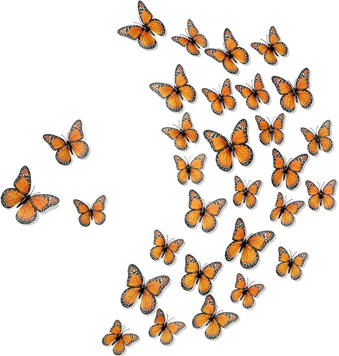 Chuangdi 100 Pcs Orange Monarch Butterfly Decorations 3 Size Fake Butterflies Realistic Butterfly Craft Artificial Mariposas Wall Decor for Craft Wedding Home Birthday Party (3.2inch,4inch,4.7inch)