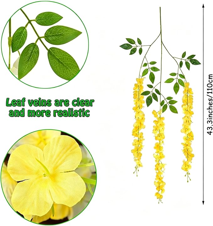 Artificial Wisteria Hanging Flowers Fake Wisteria Flower Garland Silk Vines Rattan Decor for Home Wedding Arch Wall Garden Greenery Bedroom Outdoor Office Party Decoration (12, Yellow)