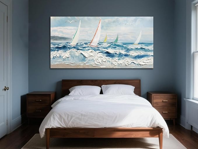 Enartly Wave 3D Textured Ocean Wall Art for Living Room Blue Seascape Sailboat Canvas Coastal Painting Artwork for Bedroom Bathroom Home Office Wall Decor, Large 48"x24"