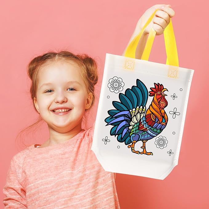 Pasimy 24 Pieces Mandala Animals Coloring Goodies Bags with 144 Makers Recycle Coloring Gifts Bags Color Your Own Totes for Kids DIY Painting Art Crafts Birthday Party Favors