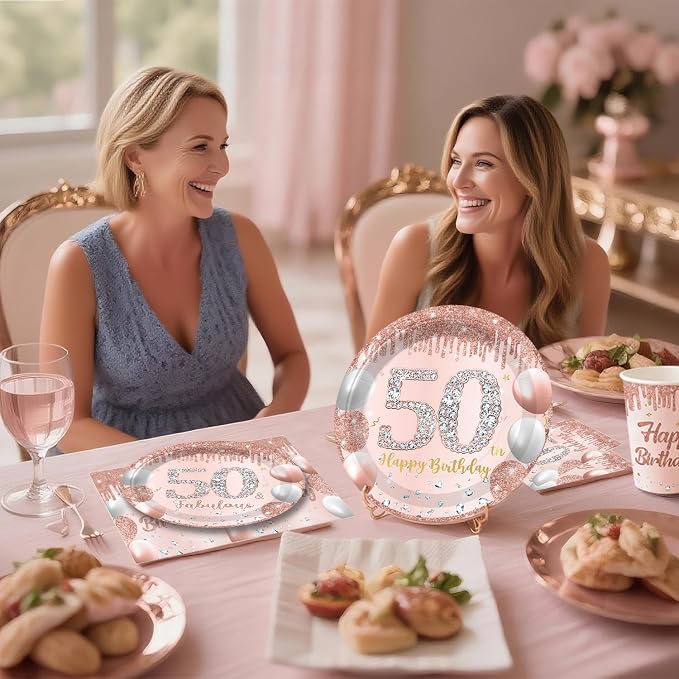 cocomigo 241pcs Rose Gold Happy 50th Birthday Decorations With Crown and Sash, Balloon, Rain Curtains, Plates and Napkins, Service 25 Guests, For Women's 50th Birthday Party