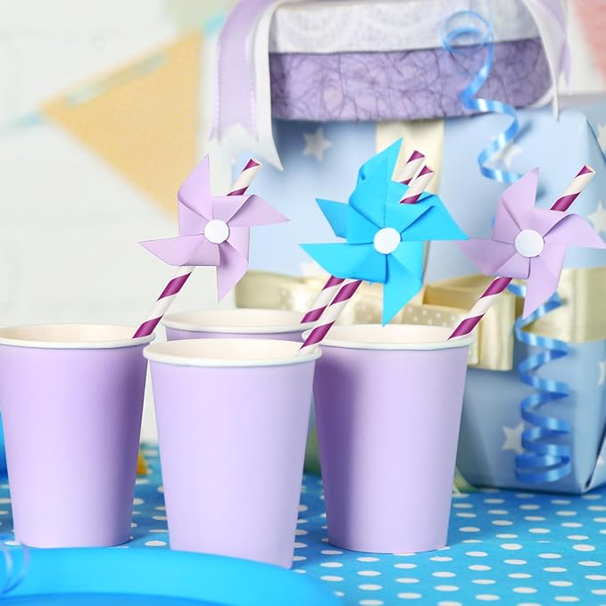 100 Packs Purple Biodegradable Striped Paper Straws, Disposable Drinking Straws for Birthday Carnival Summer Pool Party Wedding Baby Shower Halloween Christmas Party Decoration Supplies
