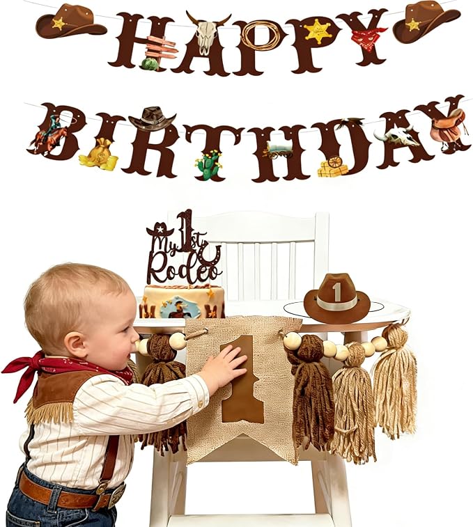 Western Cowboy 1st Birthday Decorations Boy-My First Rodeo Felt Birthday Banner Western Rodeo First Birthday High Chair Banner With Rodeo Cake Topper & Cowboy Hat，Cowboy First Birthday Decorations