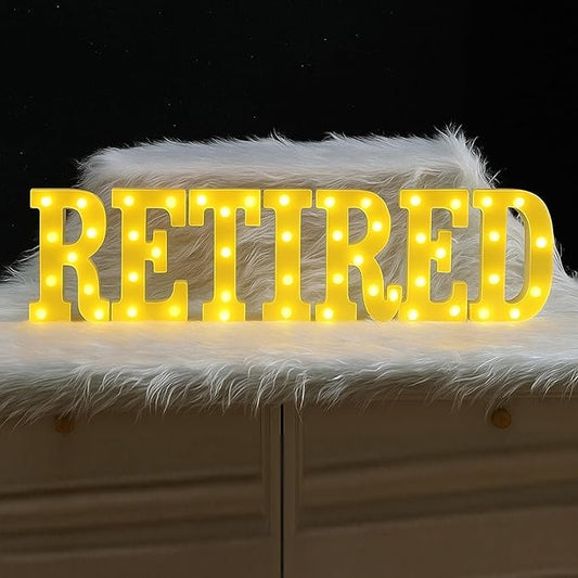 Aurelema 7 Pcs Retired Large LED Letter Sign LED Lights Battery Powered Table Decoration for Happy Retirement Party Decorations