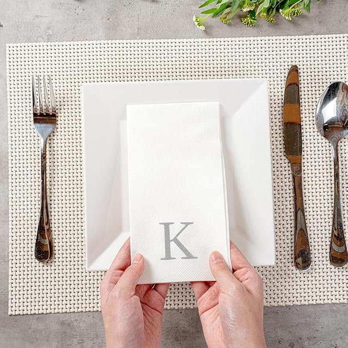 Luxenap 15.8 X 7.9 Inch Linen-Feel Guest Towels, 50 Lettered Hand Towels - Silver Letter 'K', Sans Serif Font, White Paper Dinner Napkins, airlaid, For Restrooms And Tables - Restaurantware