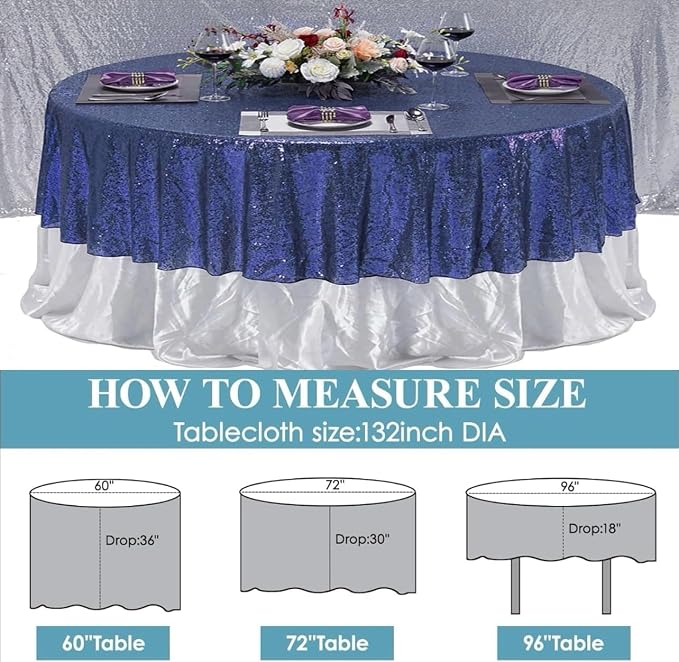 132 Inch Round Navy Blue Sequin Tablecloth, Metallic Large Glitter Sparkle Table Cloth for Dining Banquet Table, Sequin Table Linen for Graduation Wedding Party Decorations