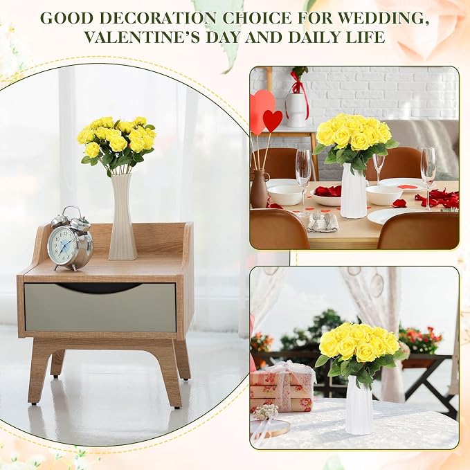 Hotop 20 Pcs Artificial Rose Flowers with Long Stem, Real Lifelike Silk Realistic Plastic Bouquet Roses Bulk for Home Decor Bridal Wedding Party Table Centerpieces Decorations(Yellow)