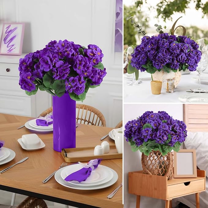 Hananona Artificial Geranium Flowers for Outdoors Geranium Silk Flowers Outdoor UV Resistant Garden Plants Faux Flowers for Home Kitchen Table Centerpieces Decor (12, Purple)