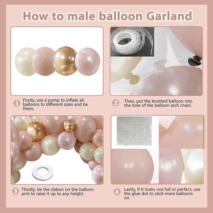 Pink Gold White Balloons Arch Kit - 119 pcs Double Stuffed Dusty Pastel Light Pink Champagne Gold Pearl White Sand Balloons for Birthday Bridal Shower Wedding Party Decorations