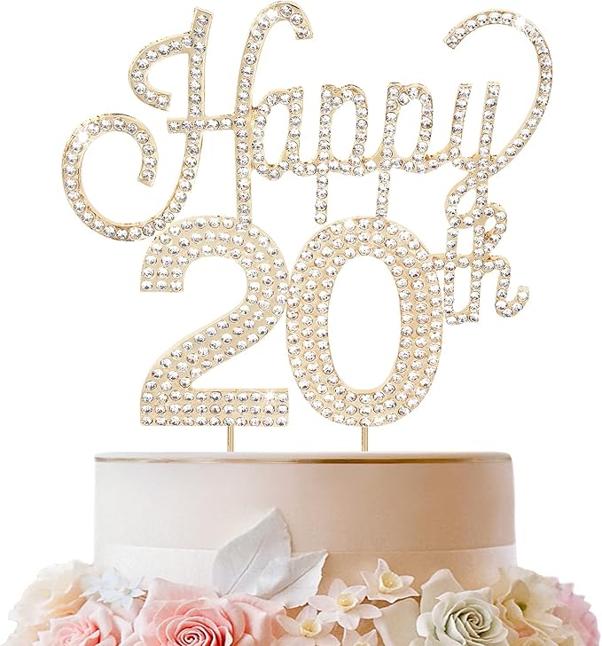 LINGTEER Happy 20th Birthday Gold Rhinestone Cake Topper - Cheers to 20th Birthday Twenty Years Old Party Cake Centerpieces Topper Decorations Gift Sign.