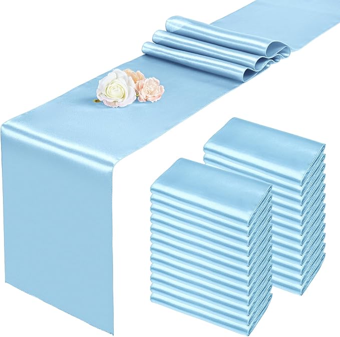 24 Pack Light Blue Satin Table Runners 12 x 108 Inch Long Sky Blue Table Runners for Rectangle Round Tables, Smooth Satin Table Runner for Wedding,Birthday Party Banquets Engagements Decoration