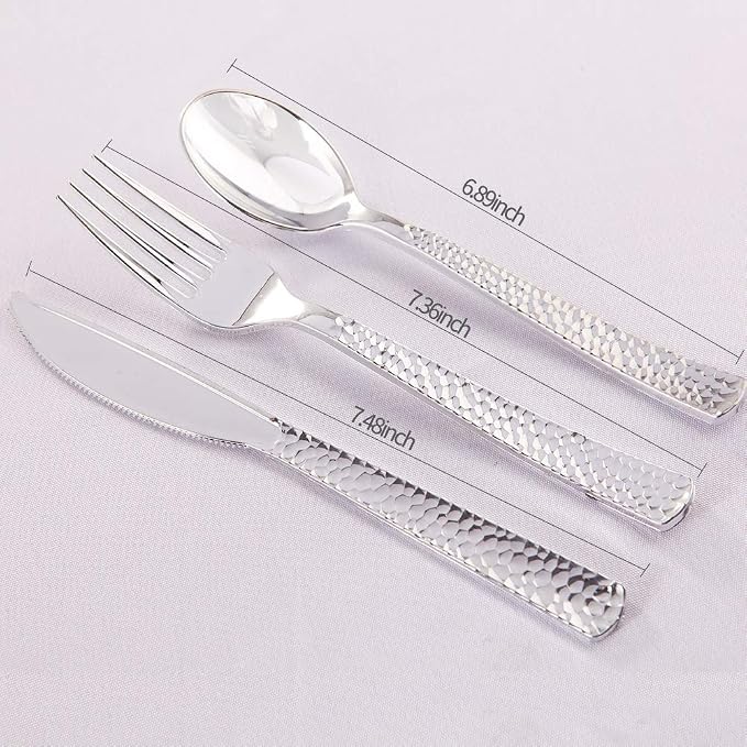 Supernal 360pc Silver Plastic Silverware Set, Heavy Duty Disposable Cutlery | Elegant Hammered Flatware Utensils (120 Forks, 120 Knives, 120 Spoons) Bulk Pack for Weddings, Parties, and Catered Events