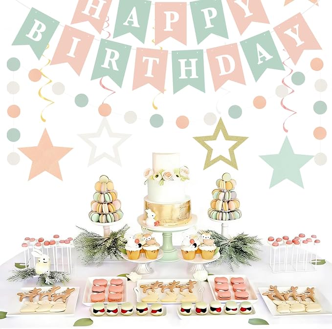 Sage-Green Blush-Pink Beige Birthday Party-Decorations - 19pcs Boho Neutral Rustic Fairy Streamers Banner,Paper Star Garland Lanterns Honeycomb Fan,Tissue Pom Poms,Wall Ceiling Backdrop Ouruola