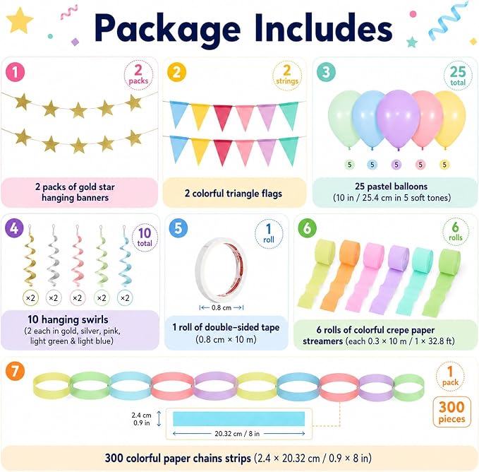 345pcs Pastel Birthday Decoration Fancy Paper Chains Crepe Paper Streamers Pennant Banner Flags Gold Star Garlands Hanging Swirls Pastel Balloons for Wedding Graduation Birthday Baby Shower Decors