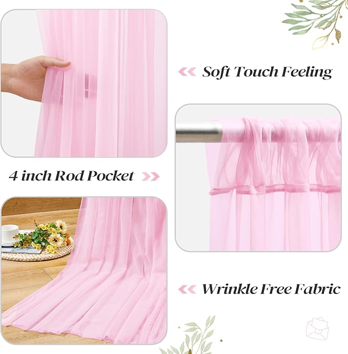 30ft x 8ft Pink Backdrop Curtain with Lights String for Parties, Sheer Tulle Wedding Photo Backdrops Drapes for Baby Shower Birthday Party Decorations Background for Photography