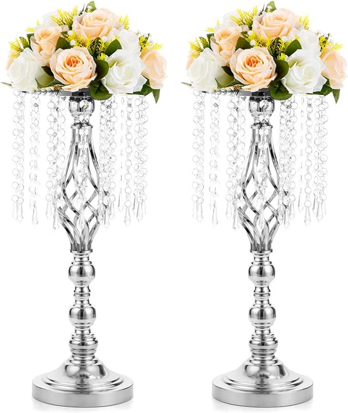 2 Pcs 19.3 inches Tall Crystal Flower Stand Wedding Road Lead Tall Flower Holders Centerpiece Crystal Flower Chandelier Metal Flower Vase for Reception Tables Wedding Supplies