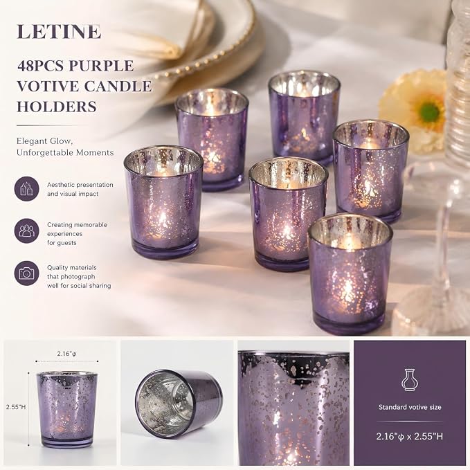 LETINE 48pcs Purple Votive Candle Holders – Glass Tea Light Candles Holder, Standard Votive Size for Regular Votive Candles– Bulk Candle Holder for Party Decoration, Bridal Shower, Home Decor