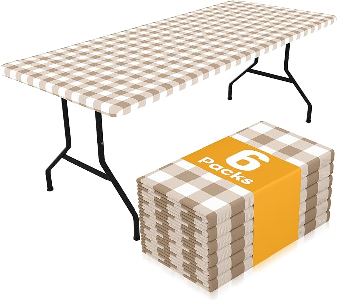 Smiry Picnic Table Cloth 6 Pack, Waterproof Elastic Fitted Tablecloths for 4FT Rectangle Tables, Washable Polyester Buffalo Plaid Tablecloth for Camping, Dining & Outdoor (Khaki & White, 30" x 48")