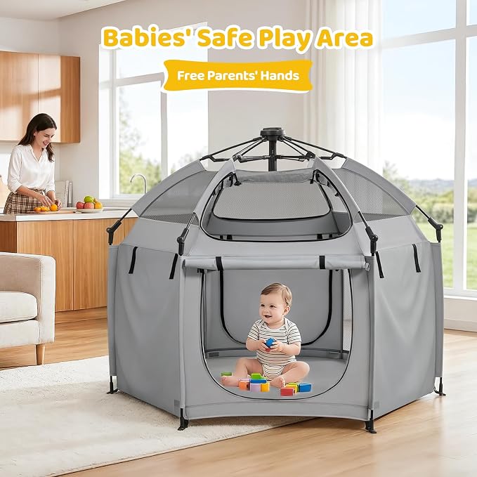 Dripex Upgraded Pop Up Playpen w/t 2-Side Canopy Extension & Built-in Pad,Quick Foldable Indoor/Outdoor Baby Playpen w/t One-Click Safe Lock,2-Side Roll-Up Door,Travel Pop and Go Beach Play Pen Grey