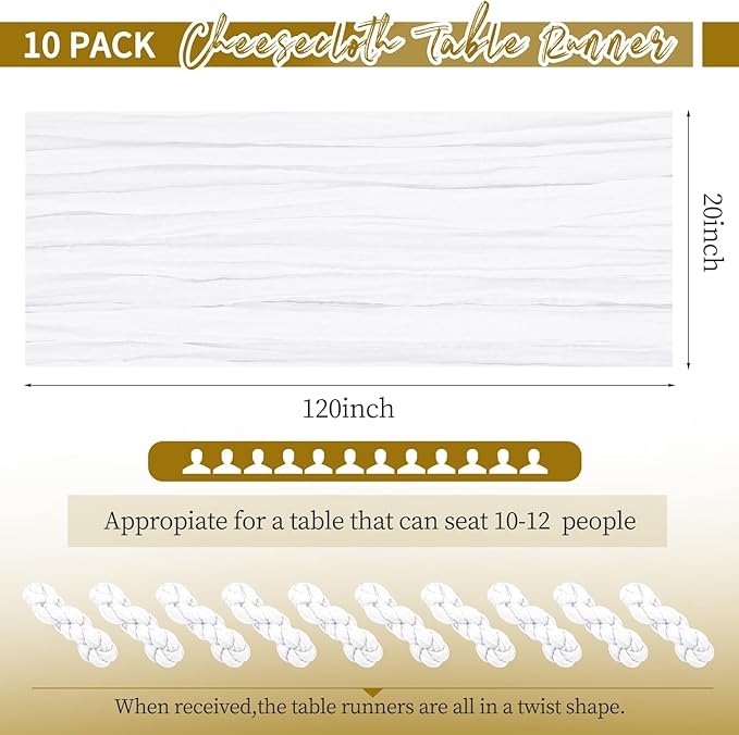 10 Pack White Table Runner 10Ft Cheesecloth Table Runner Boho Gauze Table Runners Romantic Long Sheer Fabric Cheese Cloth Table Runners for Wedding Party Bridal Shower(White)