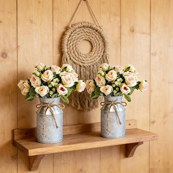 4 Sets Farmhouse Wedding Flower Centerpiece for Tables Decorations, Rustic Artificial Roses Bouquet with Metal Galvanized Vase Pot for Party Bridal Shower Event (Silver Vase & Champagne Roses)