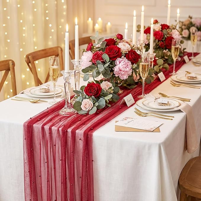 Tulle Table Runner Pearl Fabric: Red Mother's Day Veil Dessert Chiffon Pearl Lace Boho 12pcs Overlay Valentine's Wedding Aisle Runner Party Decorations Doilies Christmas