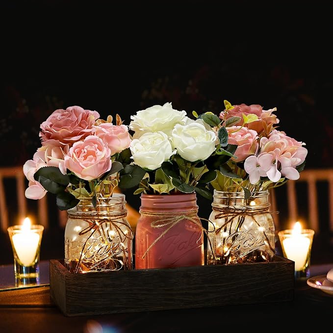 Mason Jar Centerpiece Pink White Kitchen Table Decor with Lights | 3 Piece Farmhouse Coffee Table Decor with Fake Flowers Wood Tray for Living Dining Room Bathroom Wedding Outdoor Decoration