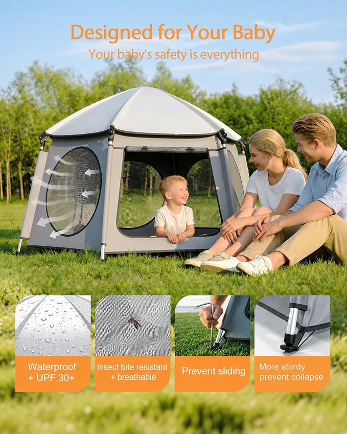 Pop Up Baby Play Pen with Auto-Lock & Aluminum Frame | Instant Setup Portable & Foldable Playpen with Carry Bag, Outdoor Baby Tent with Canopy for Beach, Backyard, Travel & Camping