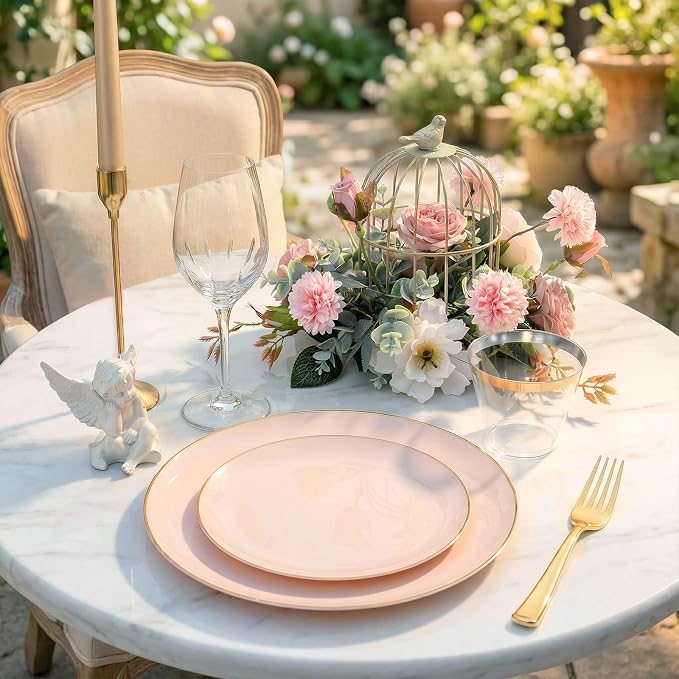 WDF 300Pcs Pink Plates Disposable - Pink and Gold Plastic Dinnerware Set for 50 Guests Include 50 Dinner & Cake Plates & 50 Disposable Cutlery & 50 9oz Cups for Wedding/Baby Shower/Birthday