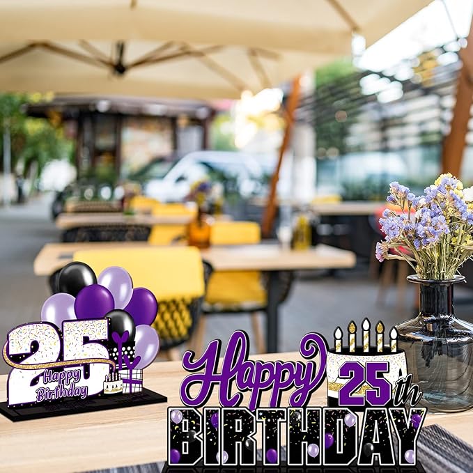 LINGTEER Happy 25th Birthday Purple Acrylic Table Topper Centerpieces Set - Cheers to 25 Years Old Birthday 25th Bday Party Gift Decorations.