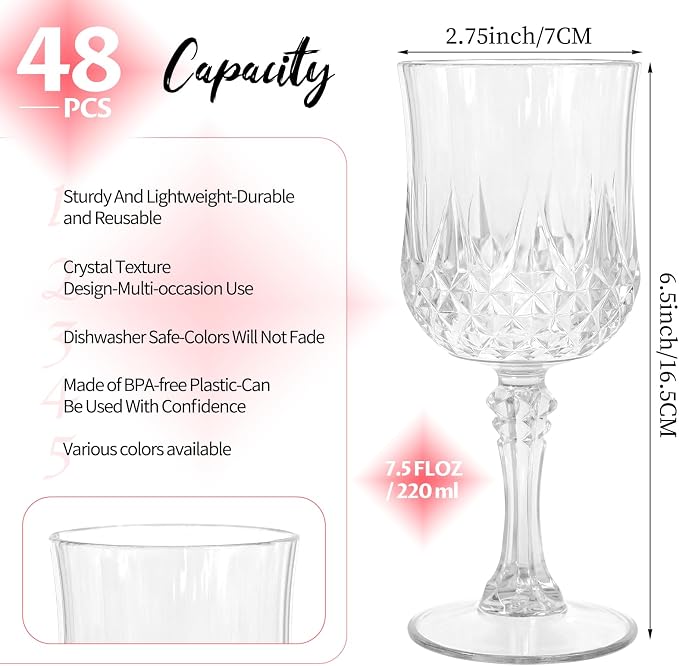 48Pack Transparent Plastic Wine Glasses,Vintage Plastic Goblets for Parties, Transparent Drinking Glasses Crystal Water Goblets Reusable for Wedding Reception, Grand Event Party Supplies