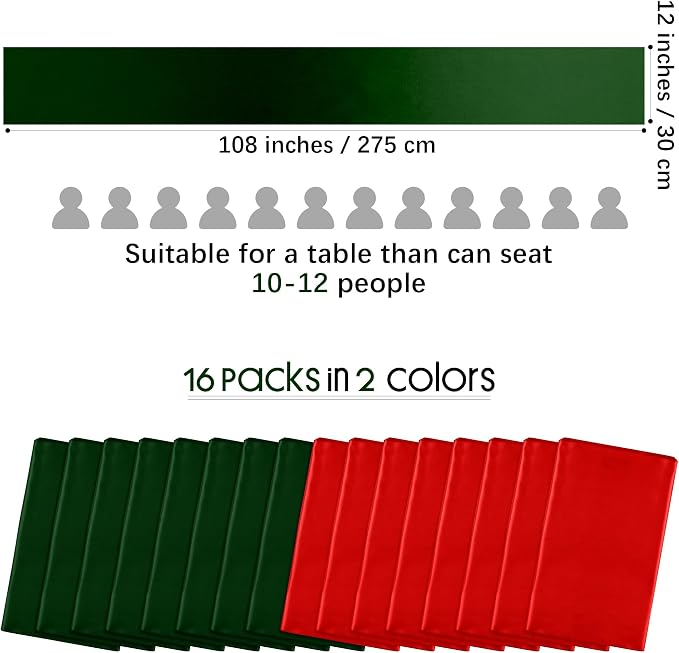 Aneco 12 Pack Christmas Satin Table Runner 12 x 108 Inch Xmas Red, Black Green Long Wedding Satin Silk Table Runner for Wedding Banquet Graduations Birthday Christmas Party Decoration