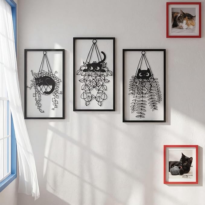 Fiwochic 3 Pcs Black Cat Metal Wall Decor Cute Black Cat Botanical Wall Art Leaves Art Hanging Plant Decoration for Cats Lover Minimalist Room Living Room Patio Decor Gift