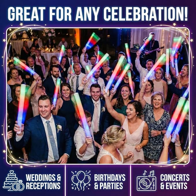 LED 3 Color Foam Sticks Forever Holiday Party Batons Wand for Wedding, Birthdays, Quinceanera, Sweet 16, DJ, Concerts, Festivals, Bulk Party Favors (50)