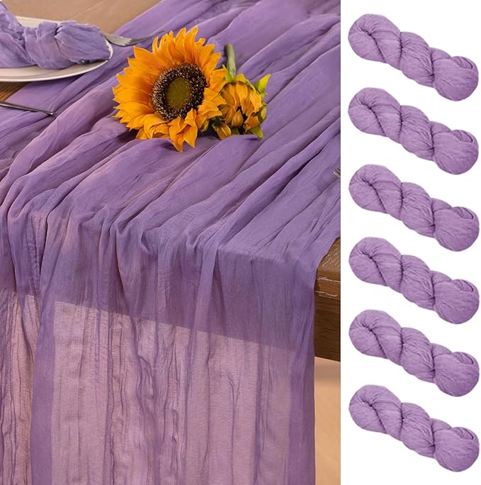 DeZerlor Lavender Purple Cheesecloth Table Runner 6 Pack Spring Easter Table Runners Boho Gauze 120 Inches Cheese Cloth Table Decor for Wedding Bridal Baby Shower Parties