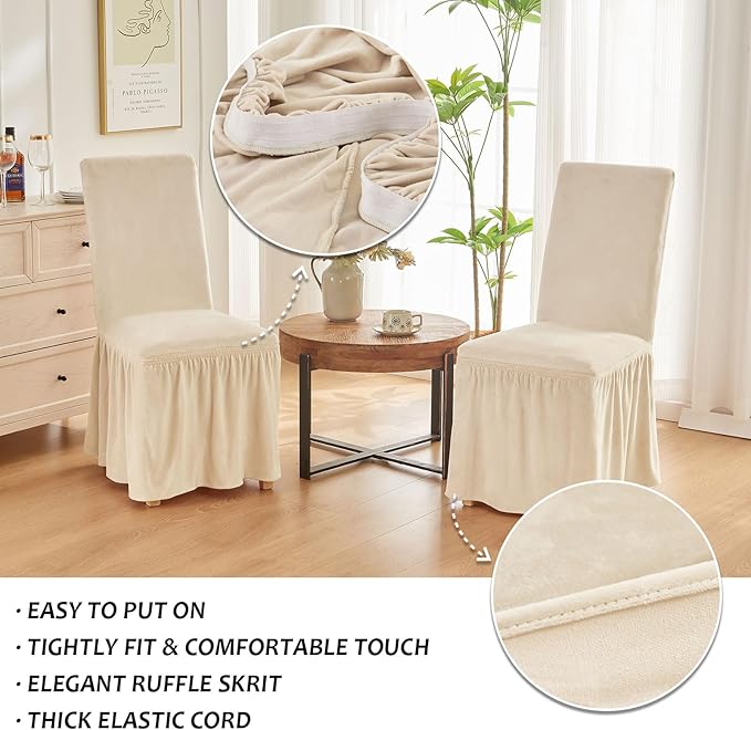 NICEEC Spandex Chair Covers for Dining Chairs Covers Set of 4 Removable Dining Room Chair Covers with Skirt Parson Chair Slipcovers Washable Chair Protector for Kitchen Wedding Party Banquet(Beige)