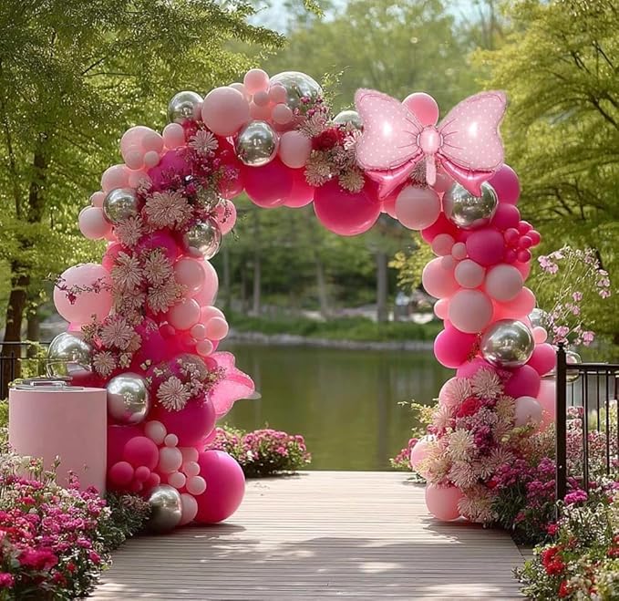 Pink Balloon Arch Kit Double Stuffed Peach Pink Bow Balloon Garland Foil Silver Balloons For Happy Birthday Baby Shower Bridal Shower Wedding Girls Women Theme Tea Party Decor