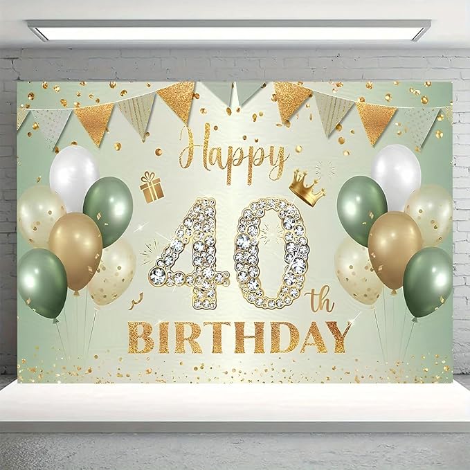 Sage Green Happy 40th Birthday Backdrop Green Gold Balloons Gold Glitter Dots Background Anniversary Decorations 40th Birthday Sign for Men Women Cake Table Supplles(B, 6X4FT)