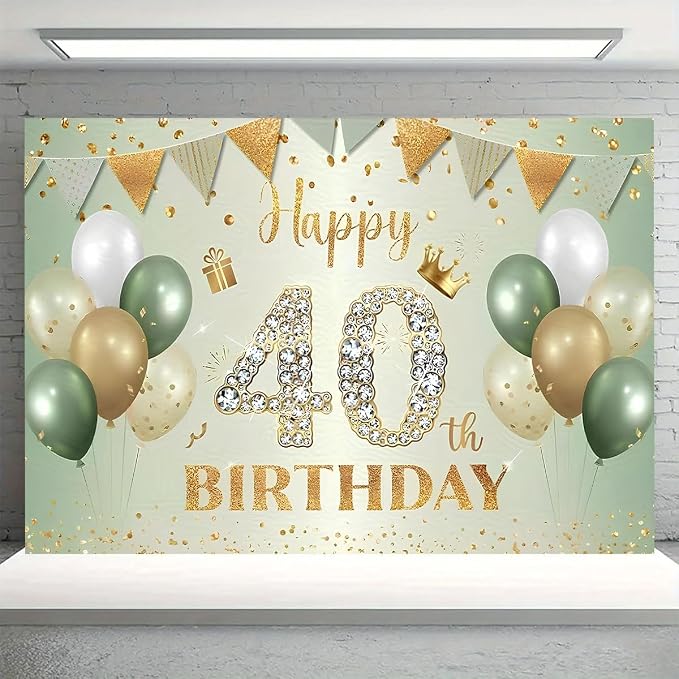 Sage Green 40th Birthday Backdrop Gold Balloons Glitter Dots Background Anniversary Decorations 40th Birthday Sign for Men Women Cake Table Supplles(B, 7X5FT)