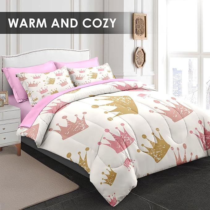 Pamnest Comforter Set Full Size, Cute Kids Crown 7 Pcs Bedding for Kids and Adults, Pink Princess Girls Bed Sheet Sets with Fitted Sheet 2 Pillowcase & 2 Sham for Bedroom Bed Decor