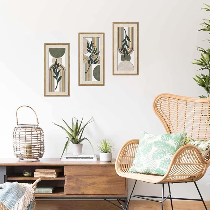 HPNIUB 3 PCS Minimalist Sage Green Wall Decor, Boho Geometric Line Hanging Wood Sign for Living Room, 8x16Inch Modern Bohemian Botanical Leaf Wooden Plaque for Apartment Bedroom Office Decoration