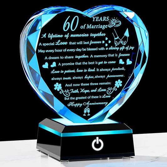 60th Wedding Anniversary Crystal Gifts for Parents Couples with LED Base Heart Happy 60th Anniversary Keepsake Gift for Husband Wife 60 Years of Marriage Gifts for Her Him